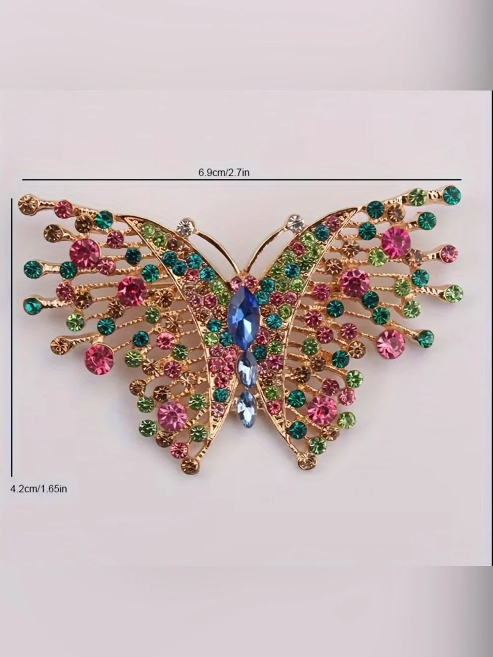 vintage gold-tone butterfly brooch adorned multicolored rhinestones & crystals